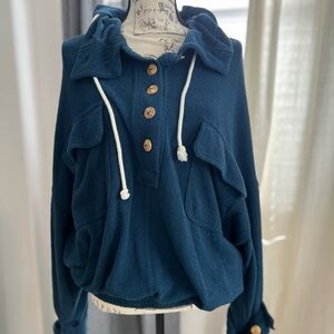 Free People Beach Women's Navy Blue oversized Henley sweatshirt pullover